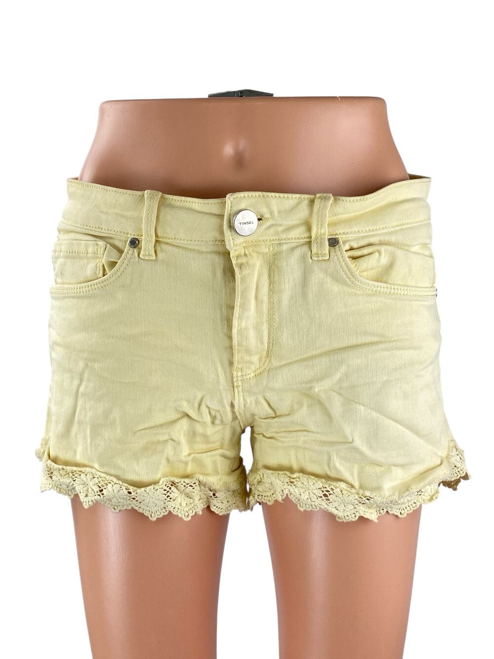 Tinsel Women's Yellow Floral Lace Hem Mid Rise Y2k Denim Jean Shorts Size 27